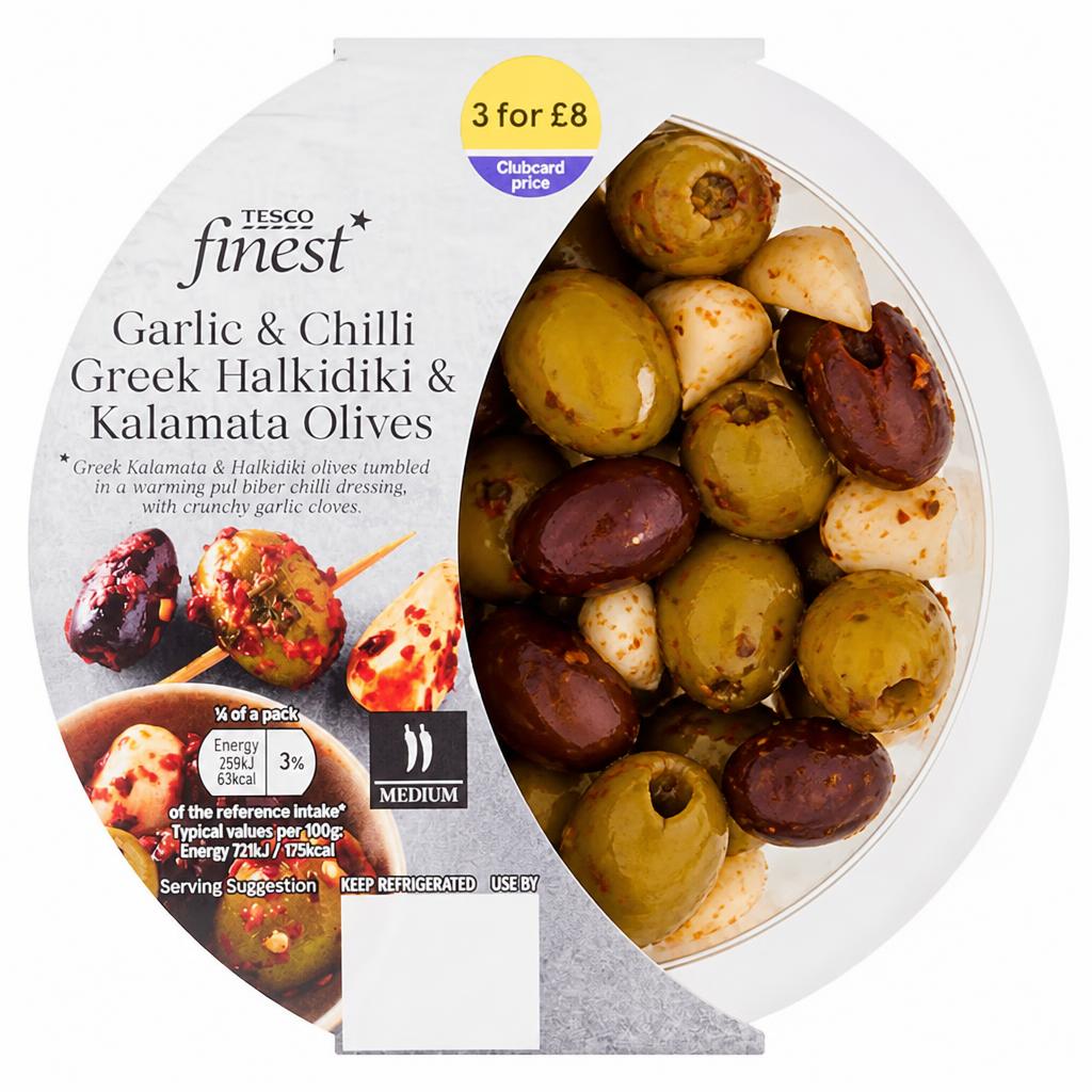 Tesco Finest Garlic & Chilli Greek Halkidiki & Kalamata Olives 145g