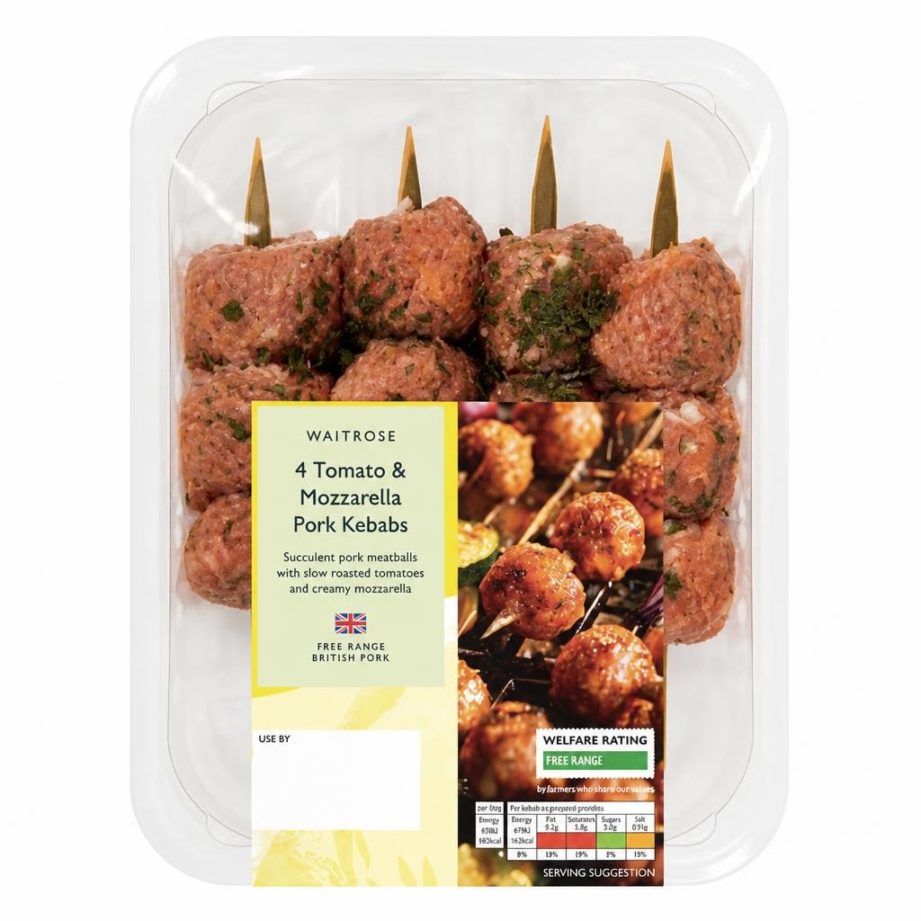 Waitrose BBQ 4 Tomato & Mozzarella Pork Kebabs