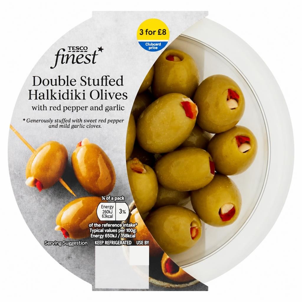 Tesco Finest Double Stuffed Halkidiki Olives Red Pepper 160G