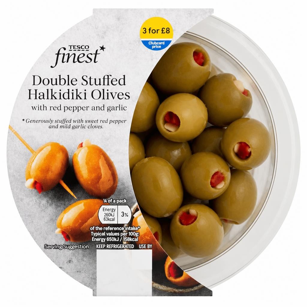 Tesco Finest Double Stuffed Halkidiki Olives Red Pepper 160G