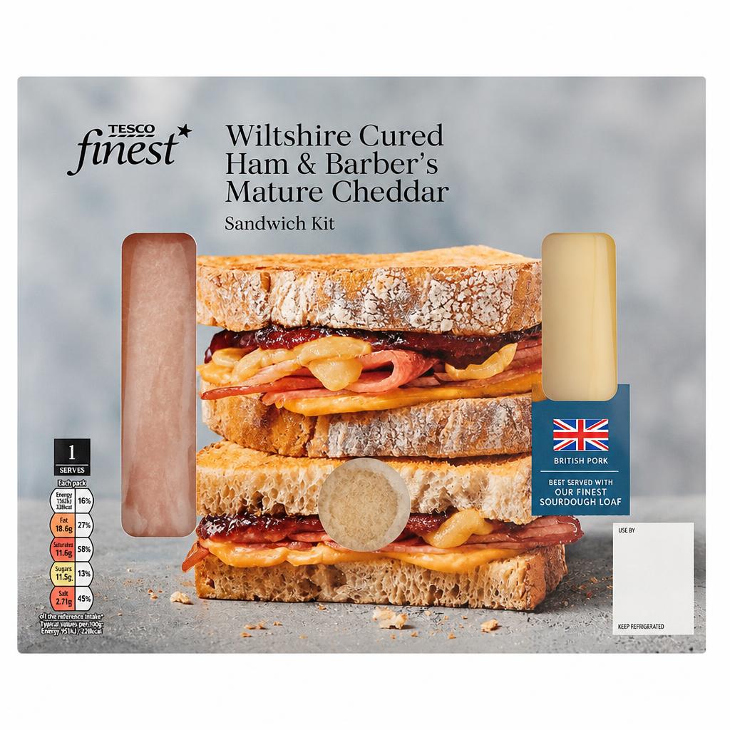 Tesco Finest Wiltshire Cured Ham and Barber's Mature Cheddar Sandwich Kit 145g