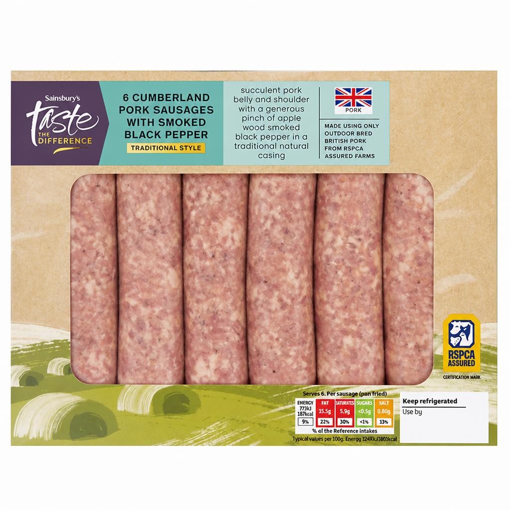 Sainsbury's Taste the Difference 6 Cumberland Pork Sausages with Smoked Black Pepper 454g