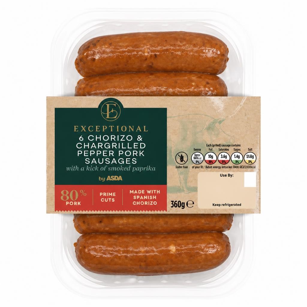 Exceptional by ASDA 6 Chorizo & Chargrilled Pepper Pork Sausages 360g