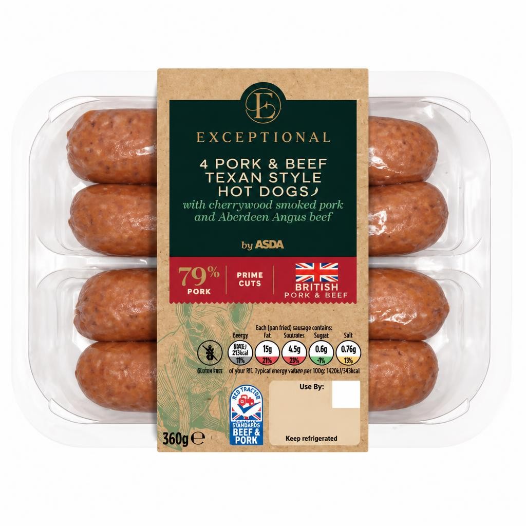 Exceptional by ASDA 4 Pork & Beef Texan Style Hot Dogs 360g