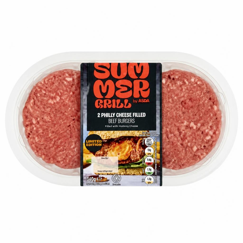 Summer Grill by ASDA Limited Edition 2 Philly Cheese Filled Beef Burgers 340g