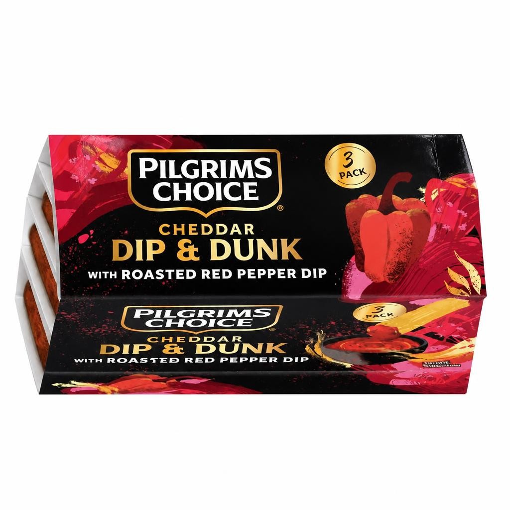 Pilgrims Choice 3 x 52g Cheddar Cheese Dip & Dunk with Roasted Red Pepper Dip