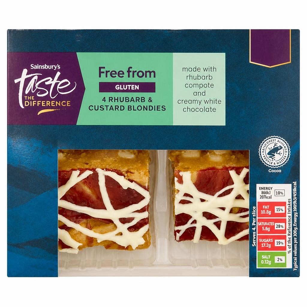 Sainsbury's Free From 4 x Rhubarb & Custard Blondies 154g, Taste the Difference