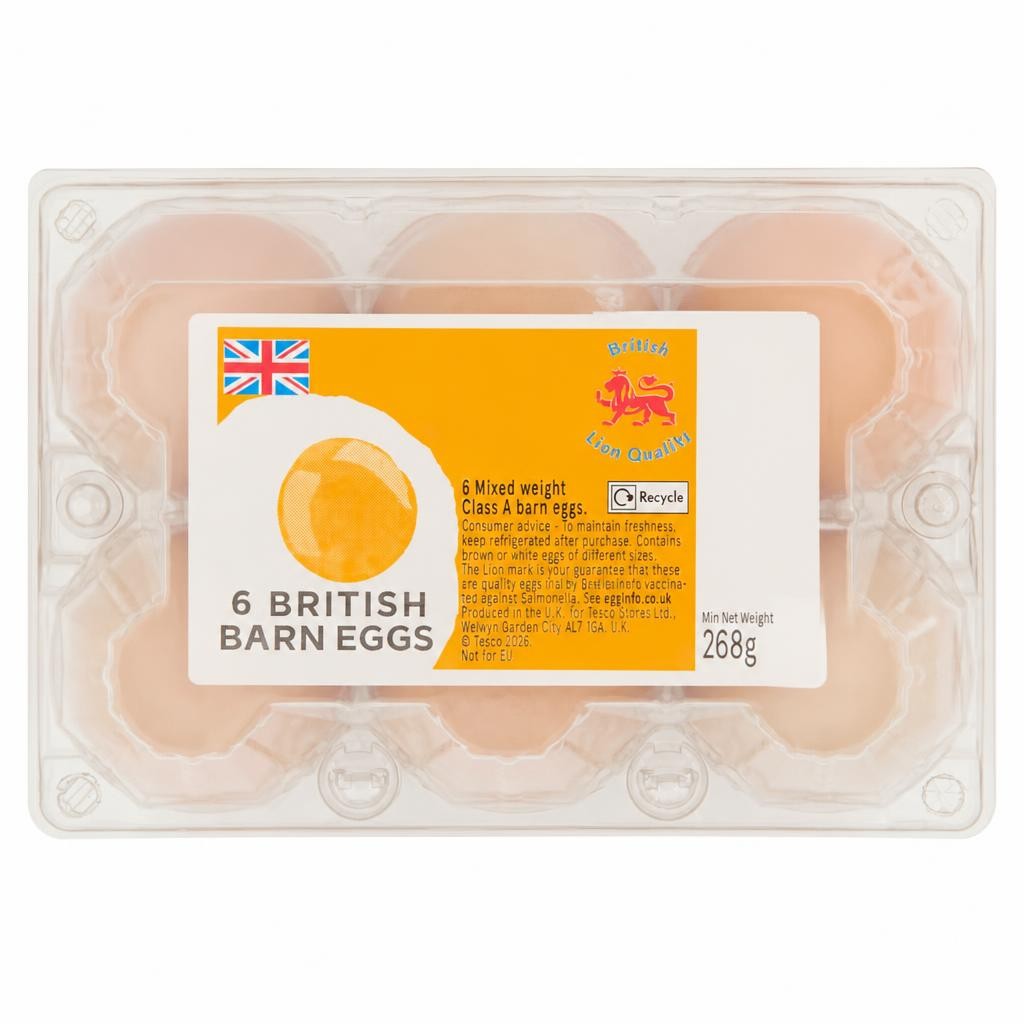 Tesco 6 Mixed Weight Barn Eggs 268g