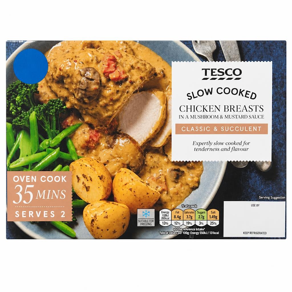 Tesco Slow Cooked Chicken Breasts in a creamy Mushroom and Mustard sauce 470g