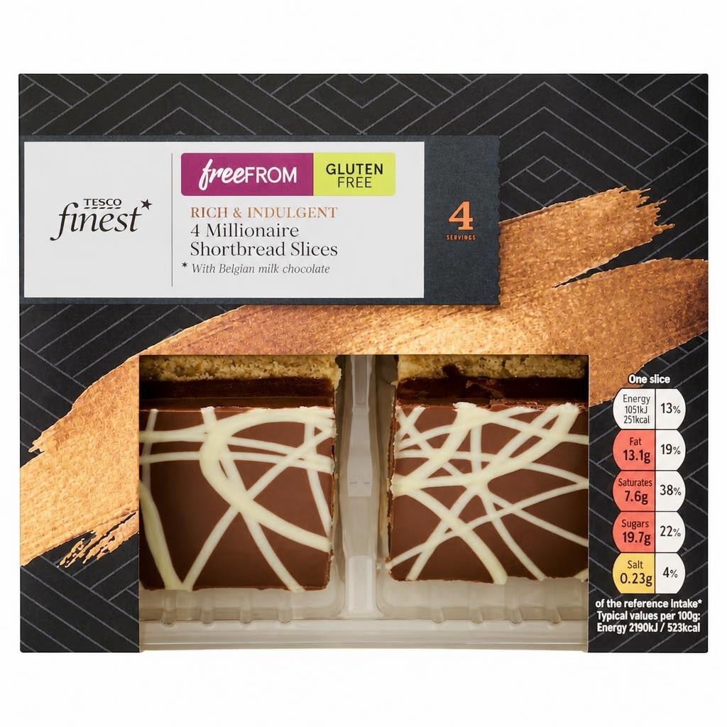 Tesco Finest Free From Gluten free 4 Millionaire Short Bread Slices with Belgian Milk Chocolate