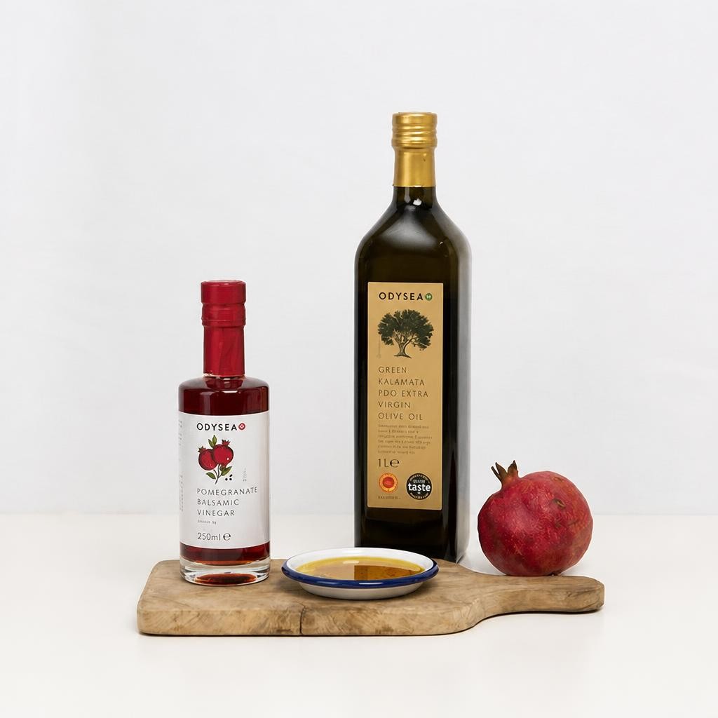 Odysea Pomegranate Balsamic Vinegar & Greek Kalamata PDO Extra Virgin Olive Oil