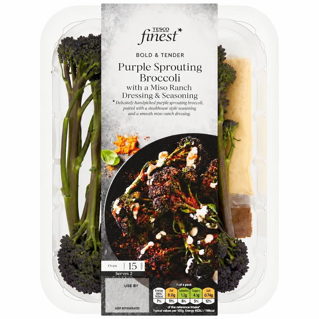 Tesco Finest Purple Sprouting Broccoli with Miso Ranch Dressing & Seasoning 220g