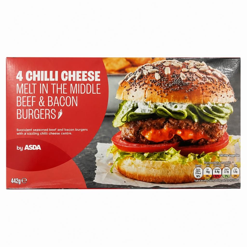 ASDA 4 Chilli Cheese Melt in the Middle Beef & Bacon Burgers 442g
