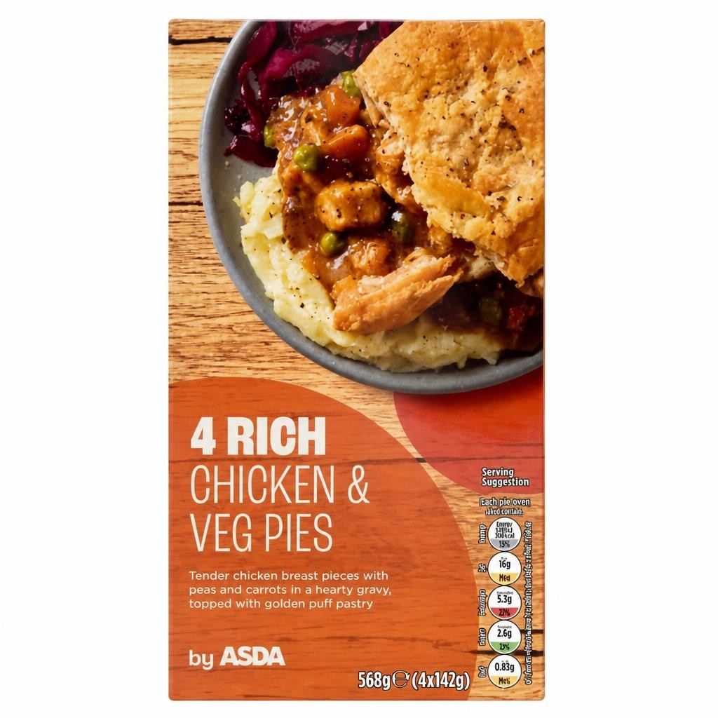 ASDA 4 Rich Chicken & Veg Pies 568g (4 x 142g)