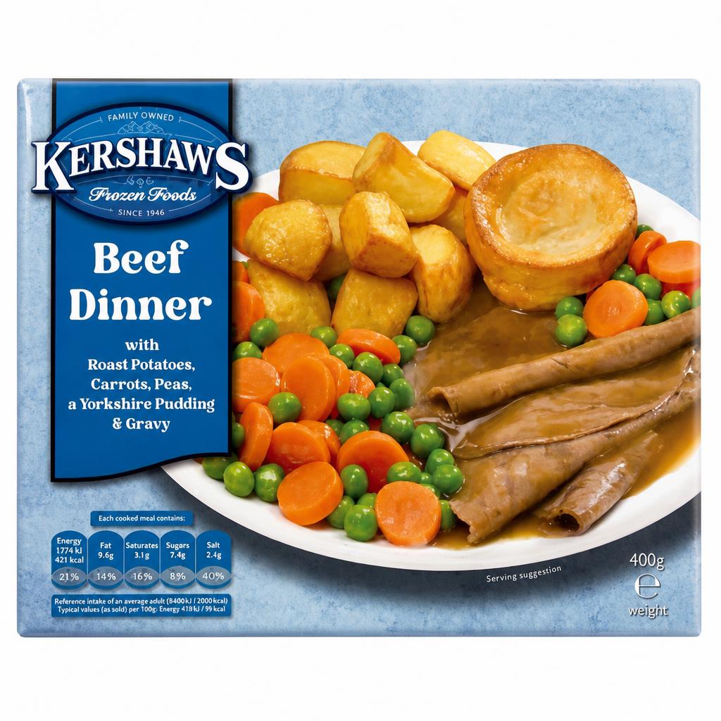 Kershaws Beef Dinner with Roast Potatoes, Carrots, Peas, a Yorkshire Pudding & Gravy 400g