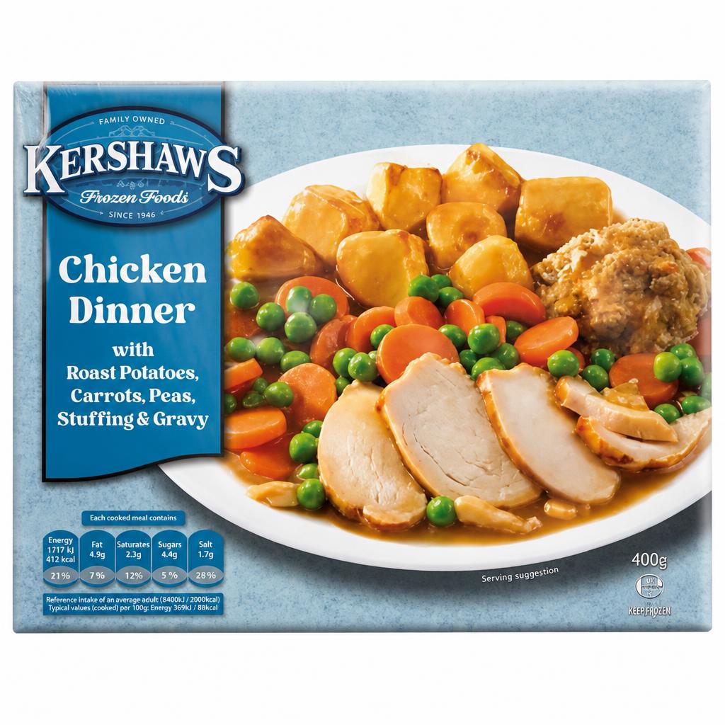 Kershaws Frozen Foods Chicken Dinner with Roast Potatoes, Carrots, Peas, Stuffing & Gravy 400g