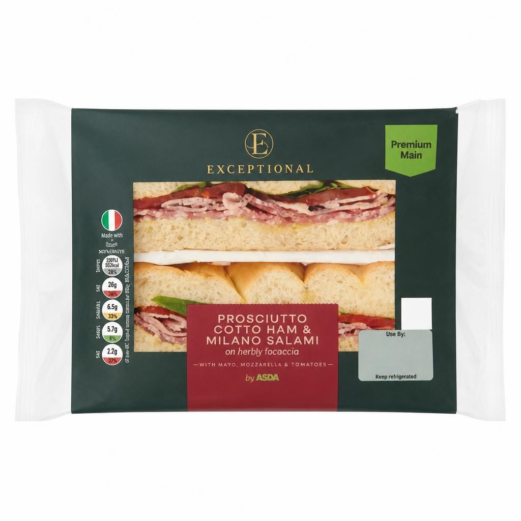 Exceptional by ASDA Prosciutto Cotto Ham & Milano Salami on Herby Focaccia