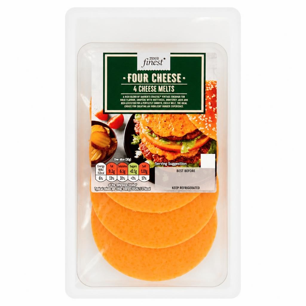 TESCO FINEST Four Cheese 4 Burger Melts 120g
