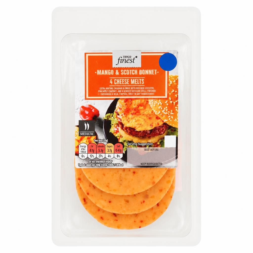 TESCO FINEST MANGO & SCOTCH BONNET 4 CHEESE MELTS BURGER 120G
