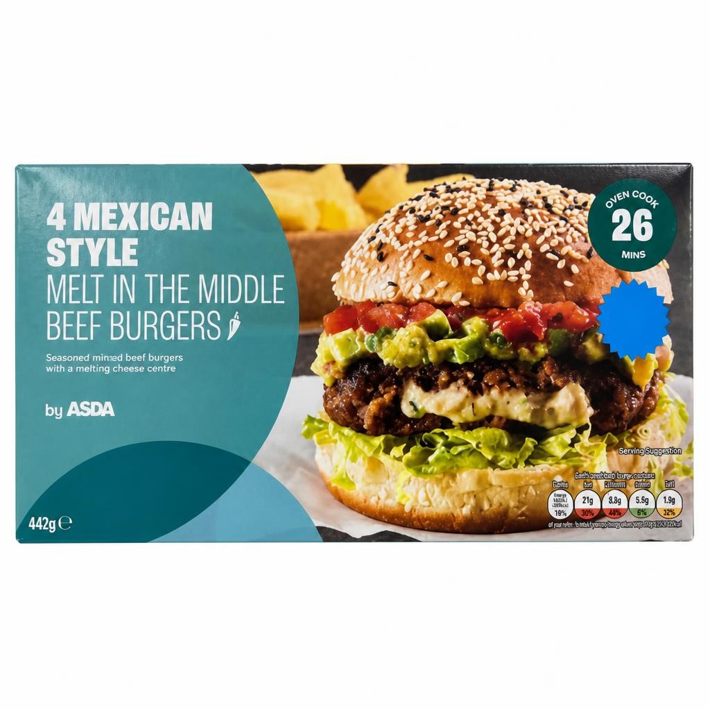 ASDA 4 Mexican Style Melt in the Middle Beef Burgers 442g