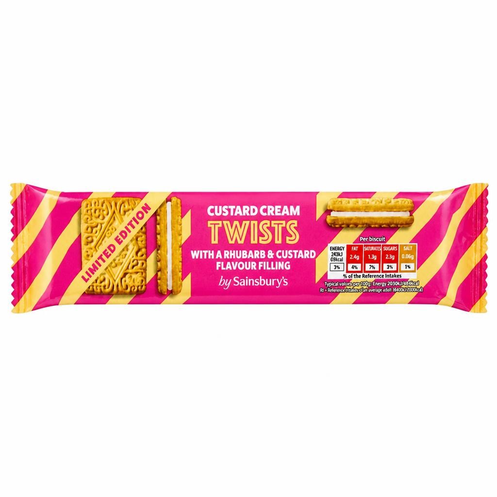 Sainsbury's 150g Rhubarb & Custard Cream Twists Flavour Filling Biscuits, Limited Edition
