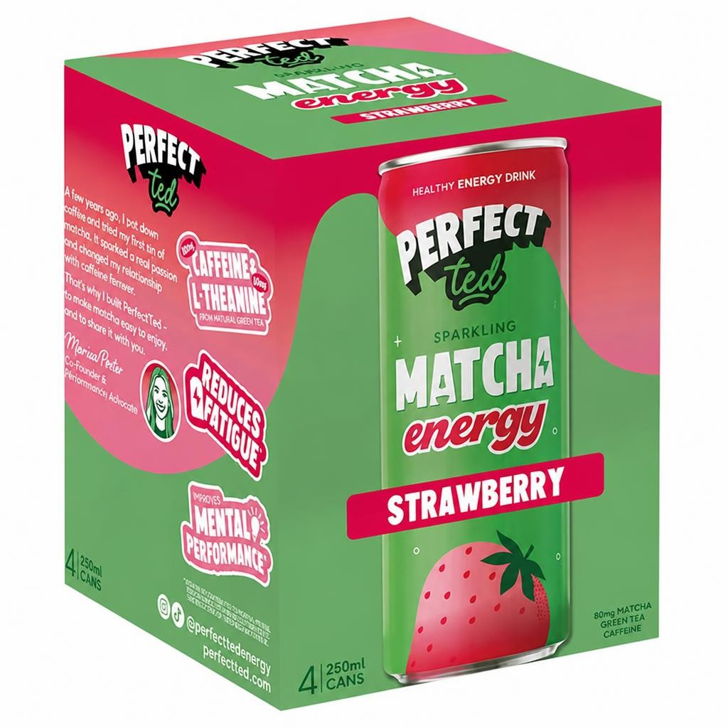 Perfect Ted 4 x 250ml Sparkling Matcha Strawberry Energy Drink