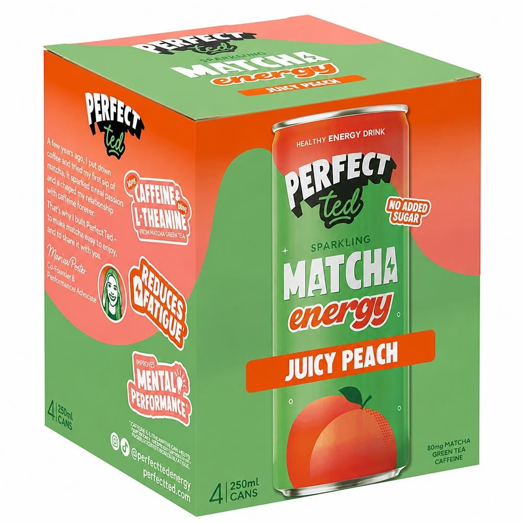 Perfect Ted 4 x 250ml Juicy Peach Sparkling Matcha Energy Drink