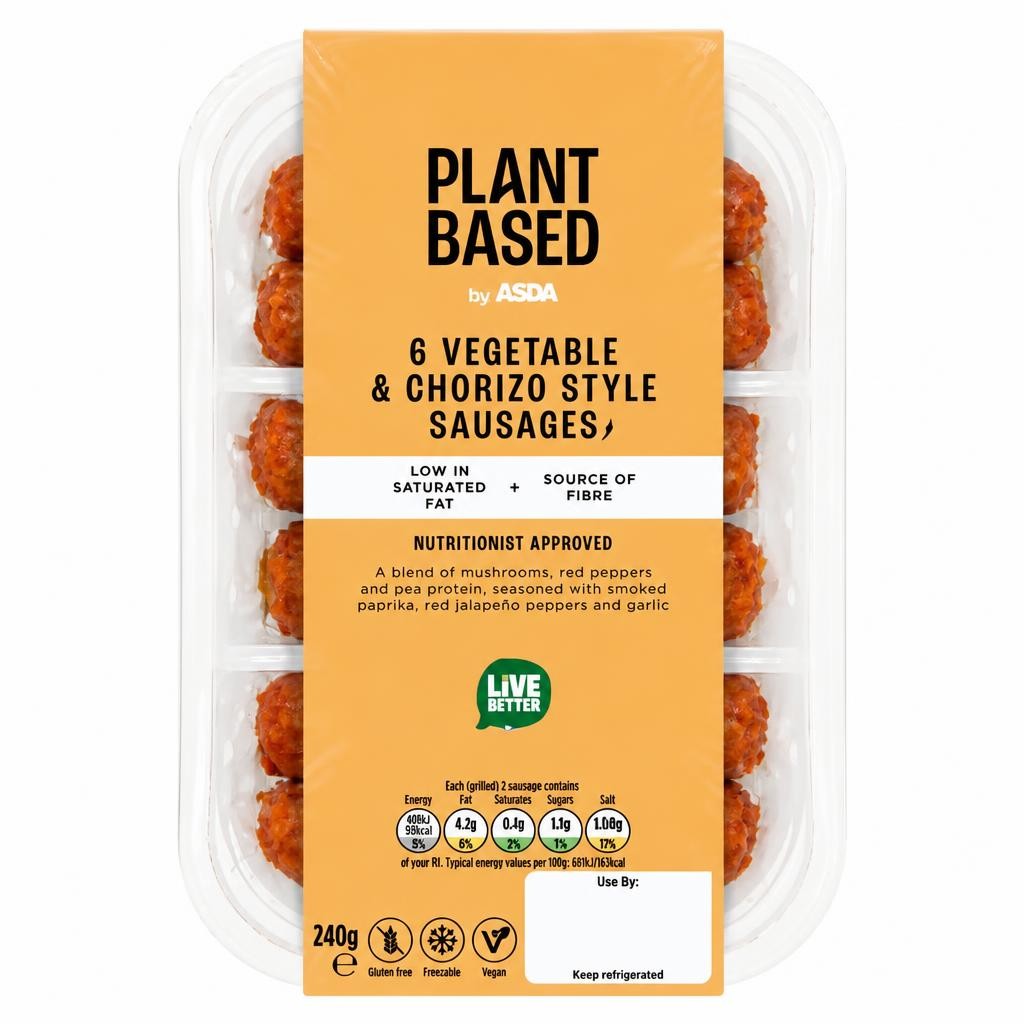 Plant Based by ASDA 6 Vegetable & Chorizo Style Sausages 240g