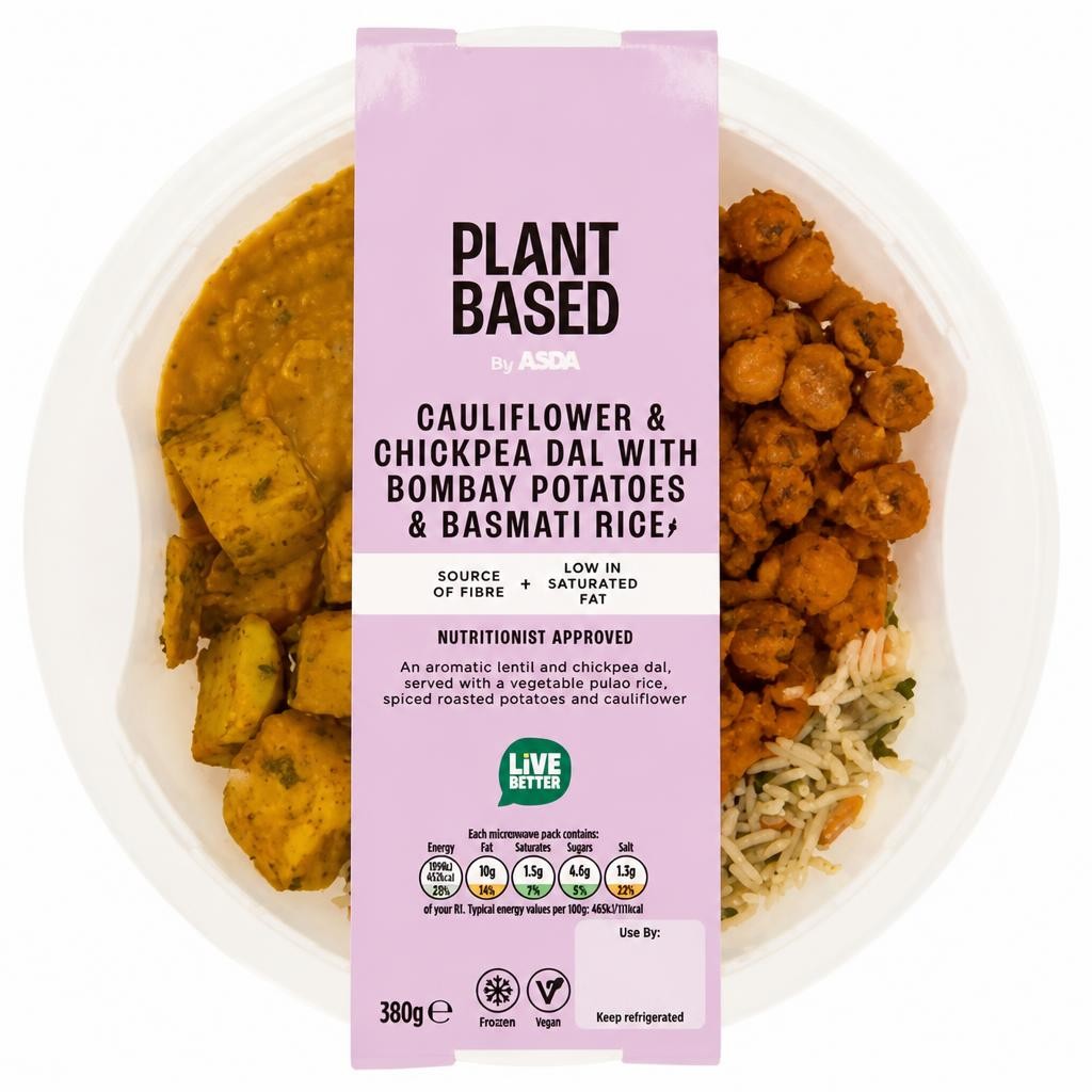 Plant Based by ASDA Plant Based Cauliflower & Chickpea Dal with Bombay Potatoes & Basmati Rice 380g