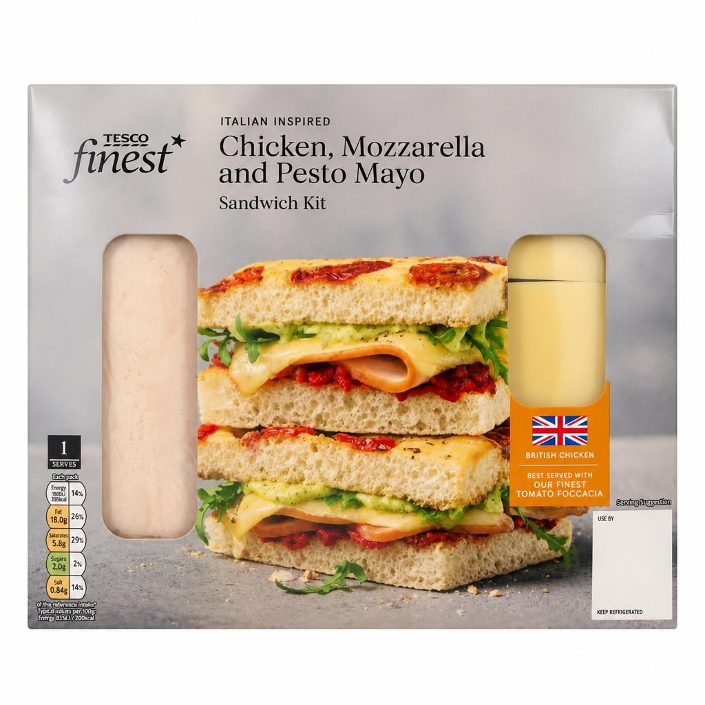 Tesco Finest Italian Inspired Chicken, Mozzarella and Pesto Mayo Sandwich Kit 140g