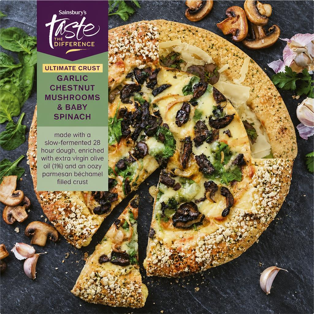 Sainsbury's 639g Garlic Chestnut Mushrooms & Baby Spinach Pizza, Taste the Difference