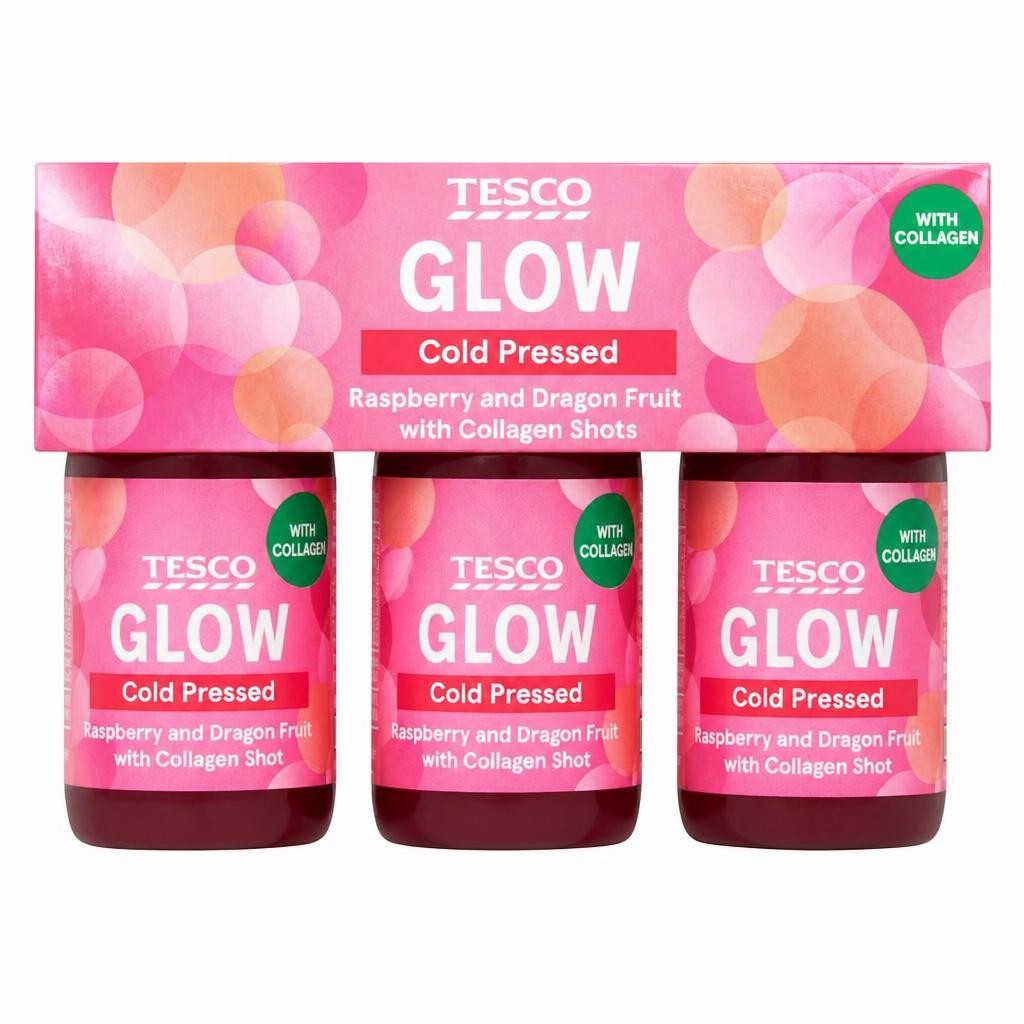 Tesco Glow Cold Pressed Raspberry and Dragon Fruit with Collagen Shots 3 x 60ml