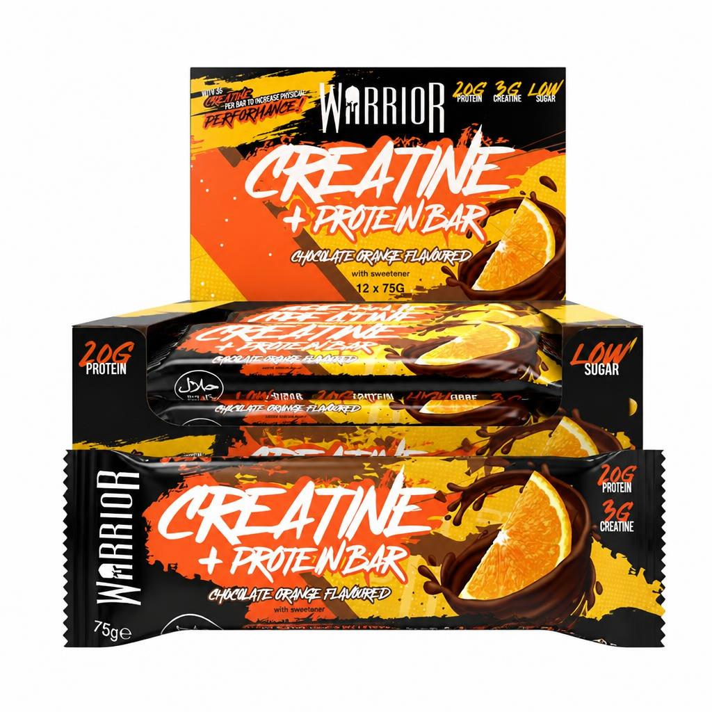 Warrior Creatine Protein Bars 12 x 75g – 20g High Protein Bar, 5g Creatine, Low Sugar High Fibre Oat Bars, Meal Replacement Bars (Chocolate Orange)