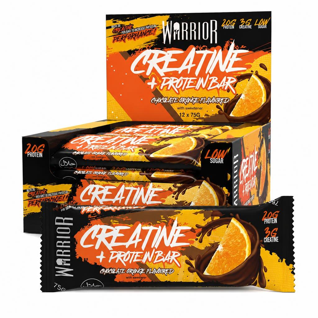 Warrior Creatine  Protein Bars 12 x 75g – 20g High Protein Bar, 5g Creatine, Low Sugar High Fibre Oat  Bars, Meal Replacement Bars (Chocolate Orange)