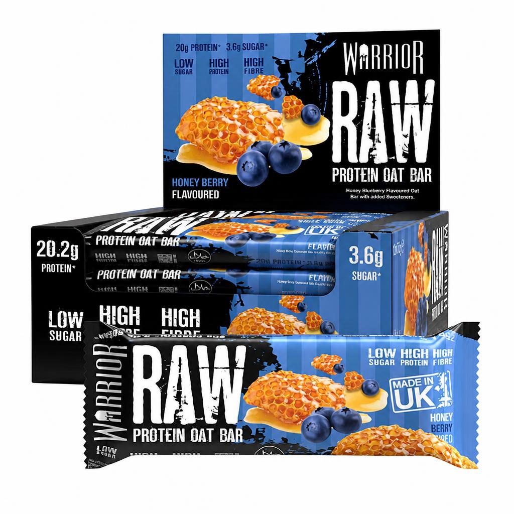 Warrior RAW Protein Bars 12 x 75g – 20g High Protein Bar, Low Sugar High Fibre Oat Protein Flapjack – Protein Snacks, Meal Replacement Bars (Honey Berry)