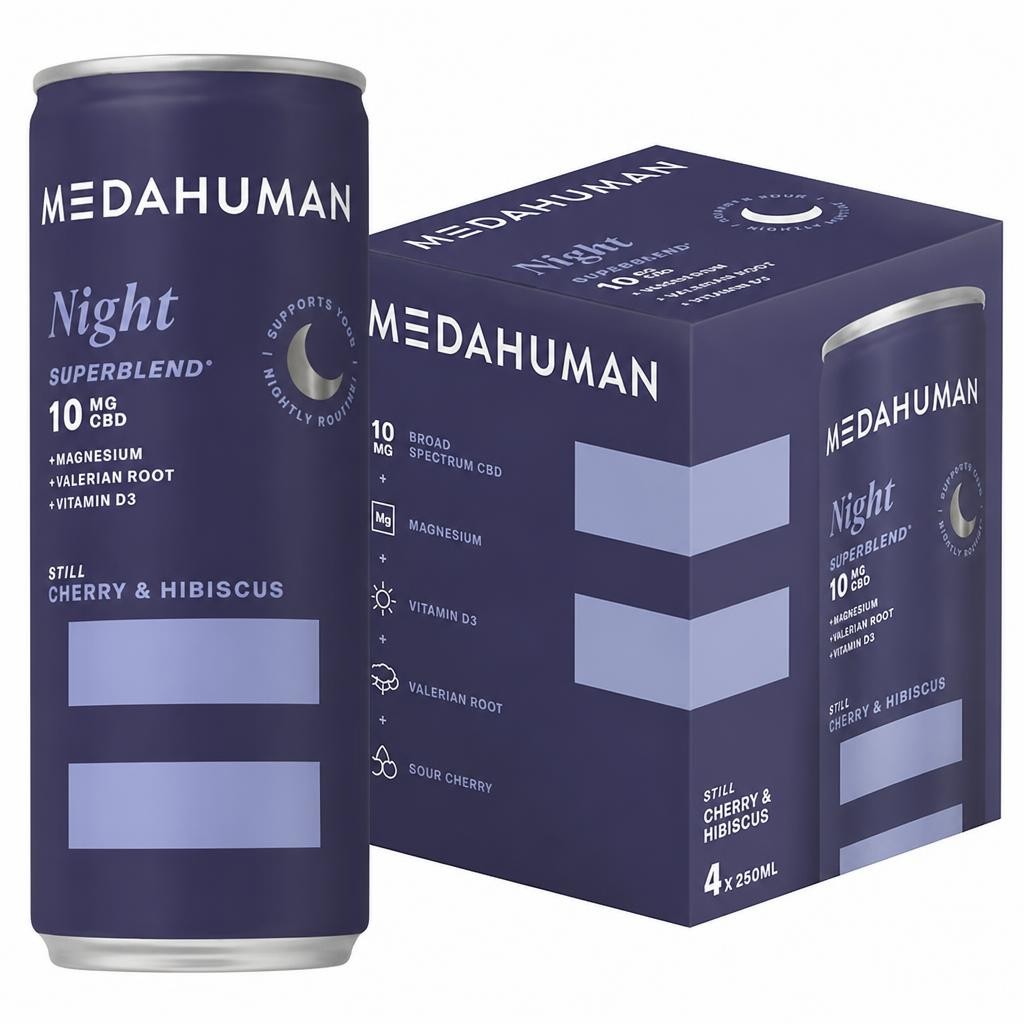 Medahuman 4 x 250ml Still Cherry & Hibiscus Night 10mg CBD Drink