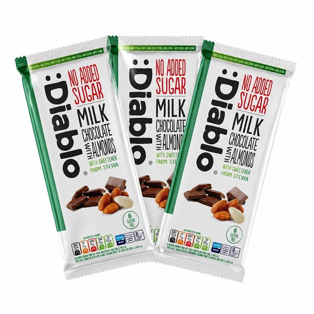Diablo No Added Sugar Milk Chocolate with Almonds 75g 3 Pack