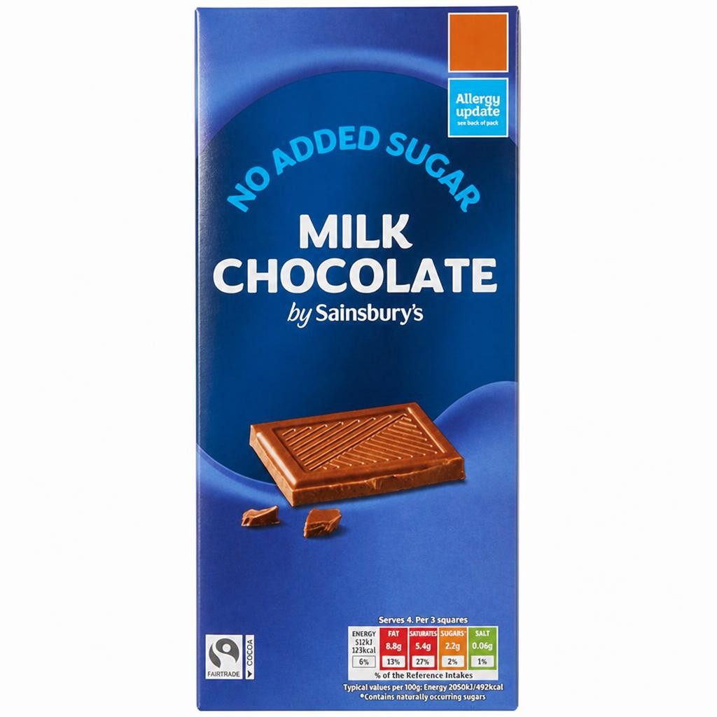 Sainsbury's 100g No Added Sugar Milk Chocolate Bar