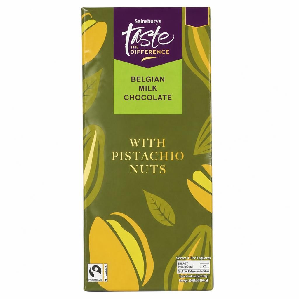 Sainsbury's 100g Belgian Milk Chocolate with Pistachio Nuts Chocolate Bar, Taste the Difference