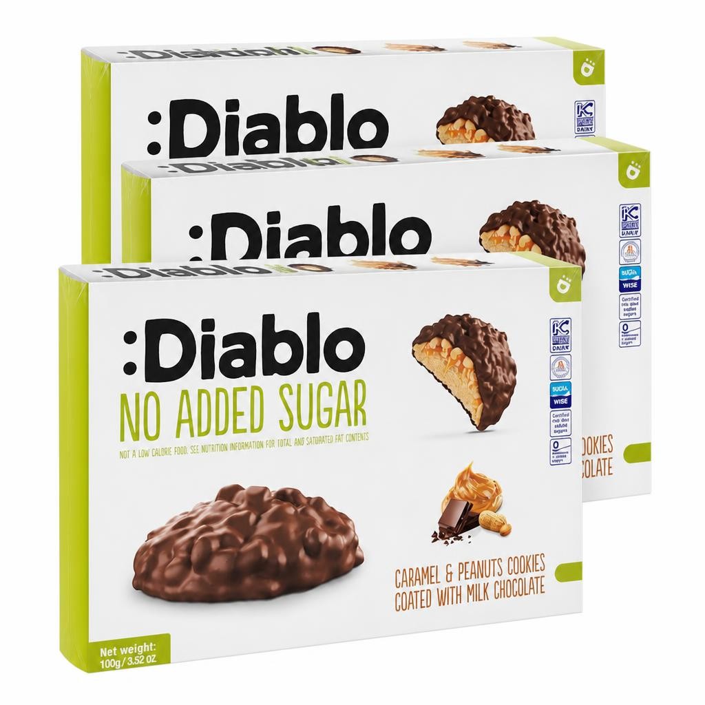 Diablo No Added Sugar Chocolate Caramel and Peanut Cookies 100g 3 Pack