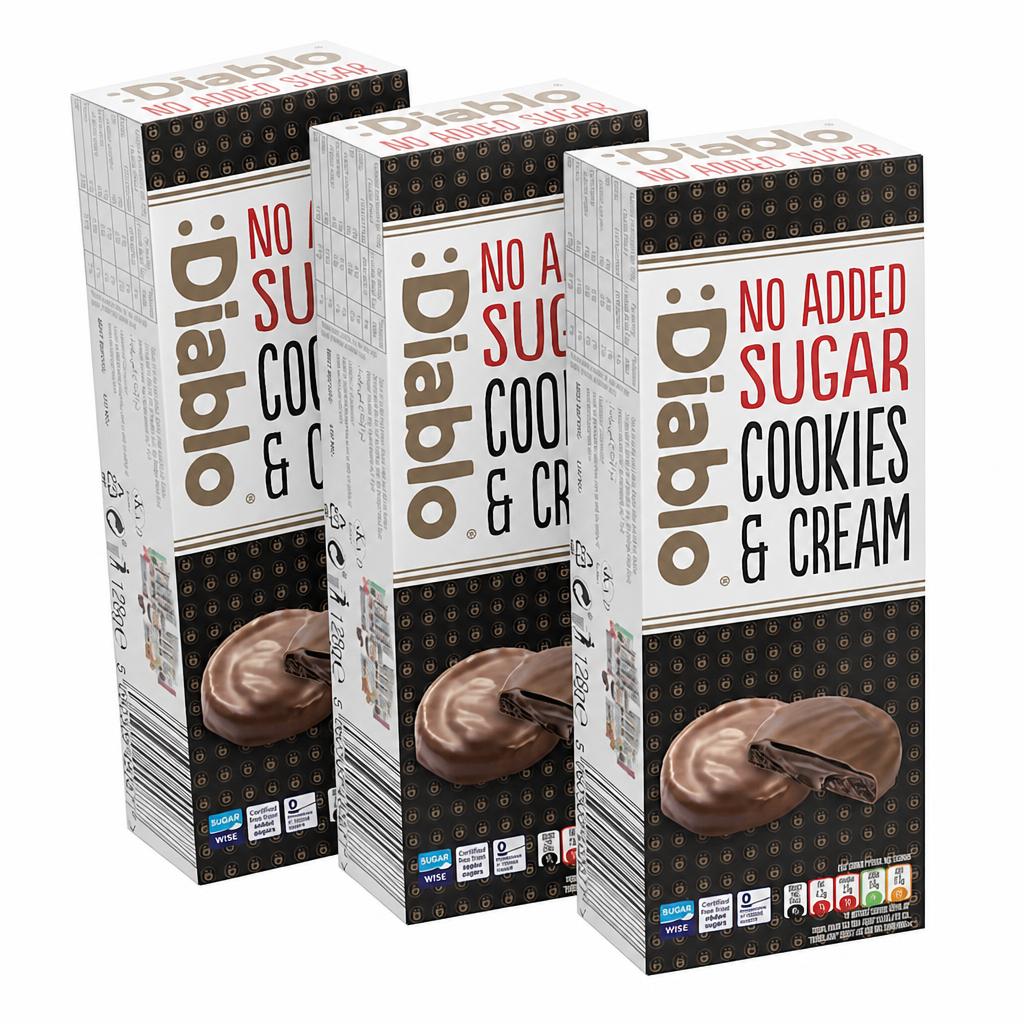 Diablo No Added Sugar Cookies and Cream Dark Chocolate 128g 3 Pack