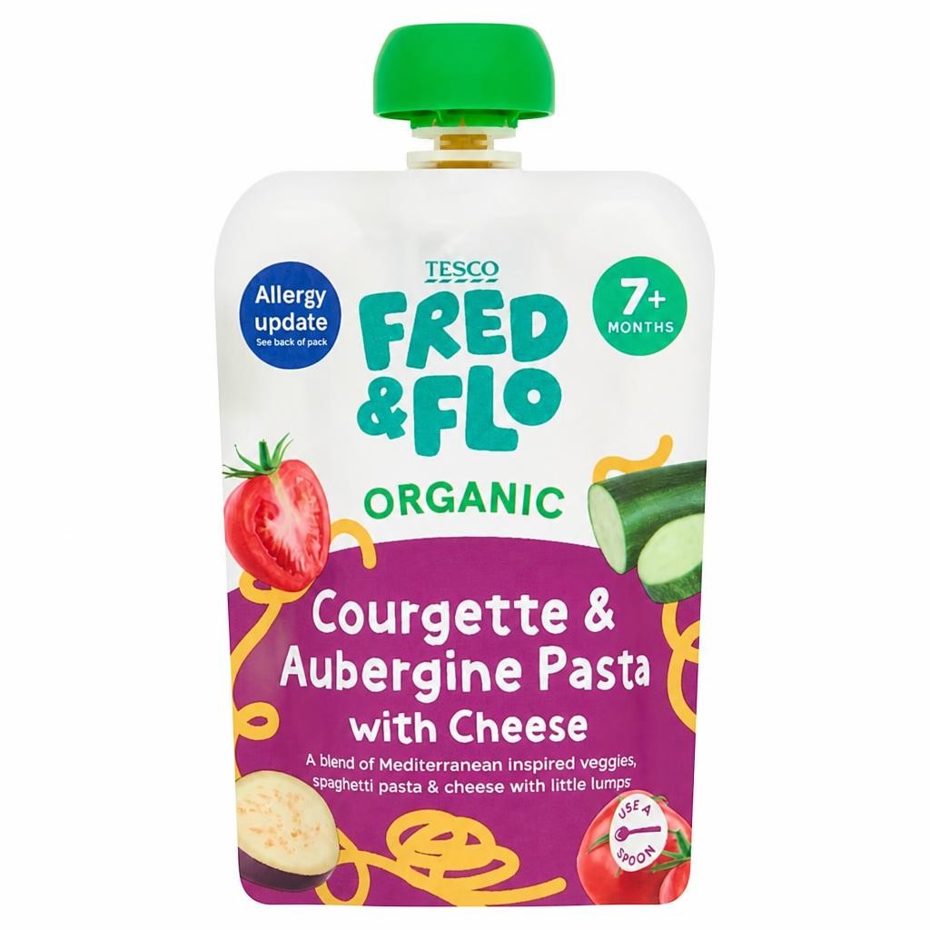 TESCO FRED & FLO Organic Courgette & Aubergine Pasta With Cheese 130g