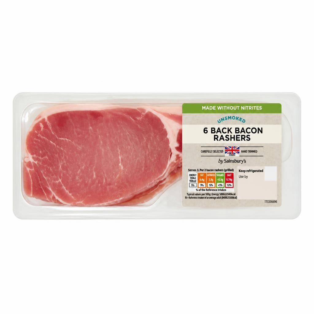 Sainsbury's 6 Back Bacon Rashers Unsmoked 200g