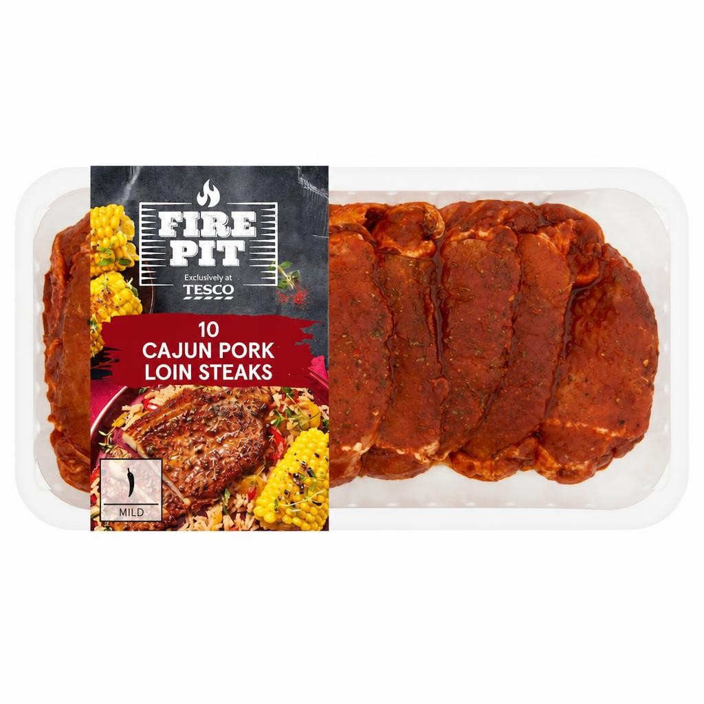 Tesco Fire Pit 10 Cajun Pork Loin Steaks 1kg.