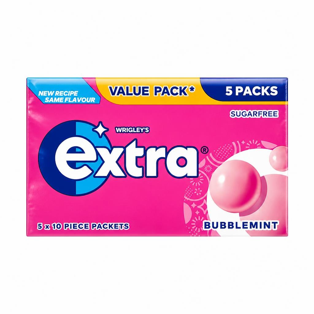 Wrigley's Extra White Bubblemint Sugarfree Chewing Gum 5 x 10 Pieces 70g