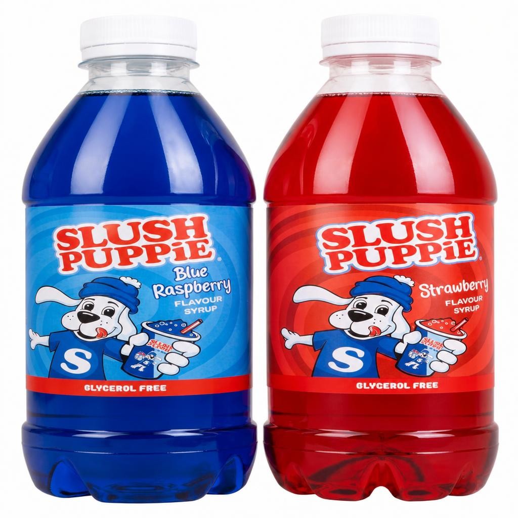 Slush Puppie 2-Pack Syrup Set. Includes Blue Raspberry & Strawberry Flavours.