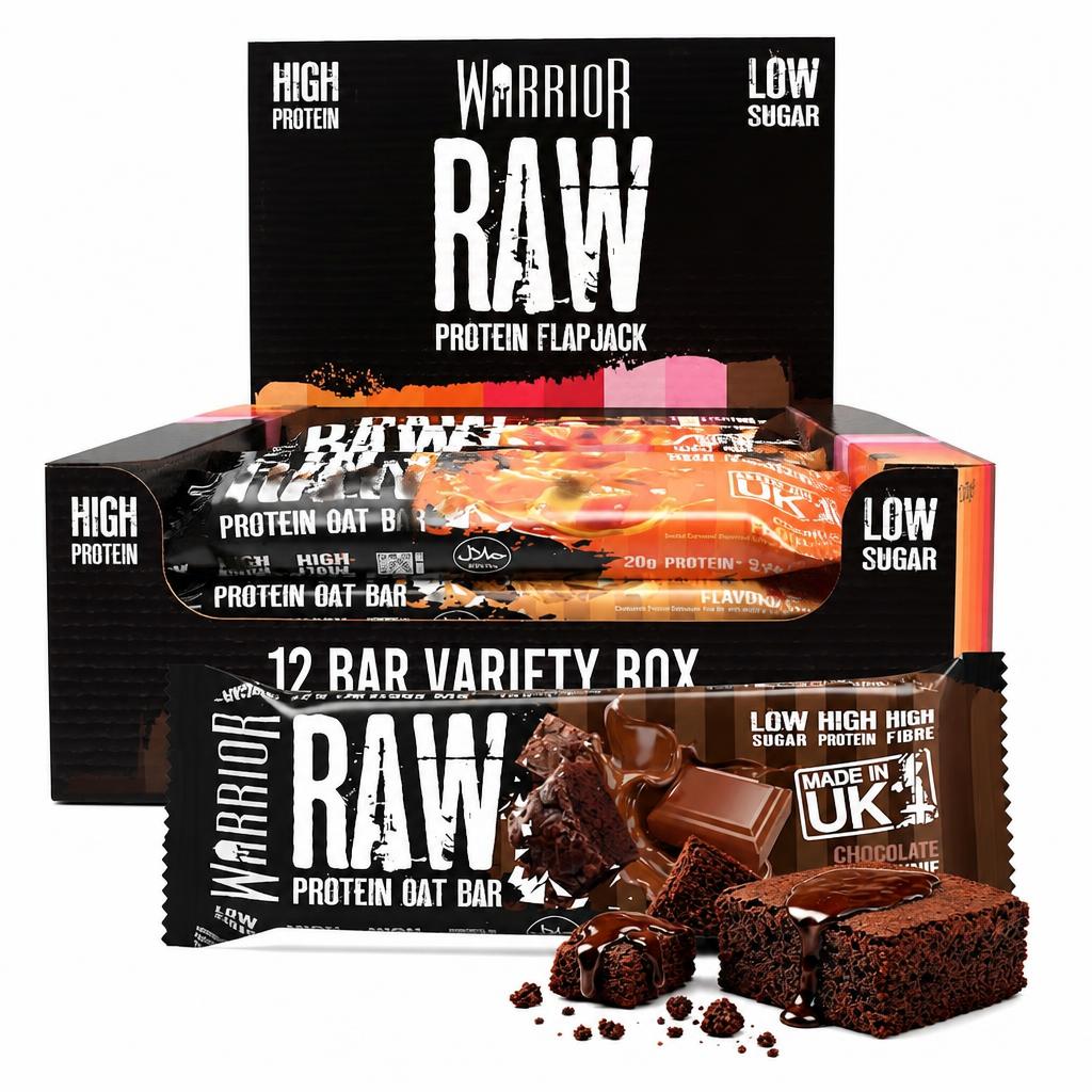 Warrior RAW Protein Bars 12 x 75g – 20g High Protein Bar, Low Sugar High Fibre Oat Protein Flapjack – Protein Snacks, Meal Replacement Bars (Variety)