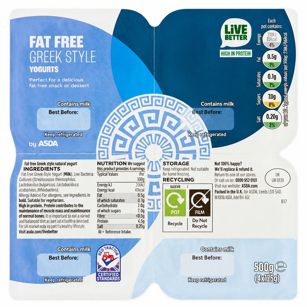 ASDA Fat Free Greek Style Yogurts 500g (4 x 125g)