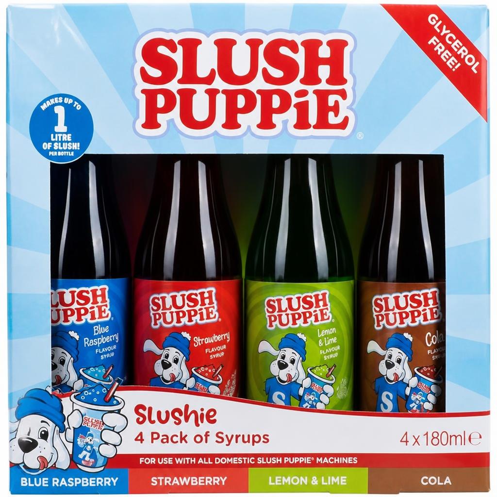 Slush Puppie 4-Pack Syrup Set. Includes Blue Raspberry, Strawberry, Cola & Lemon-Lime Flavours.