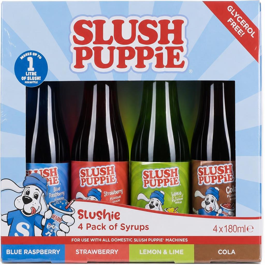 Slush Puppie 4-Pack Syrup Set. Includes Blue Raspberry, Strawberry, Cola & Lemon-Lime Flavours.